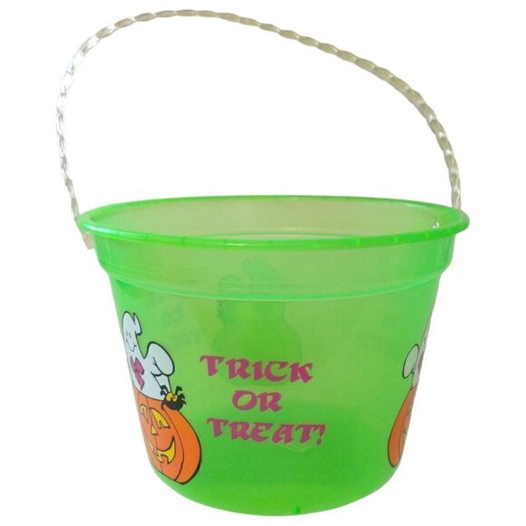 Vintage Halloween Bucket Pail Trick or Treat Ghost Translucent Neon Green 1990s. - Picture 9 of 16